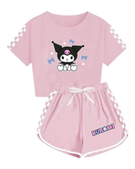 Girls Kuromi Cartoon Print T-Shirt with Shorts Set