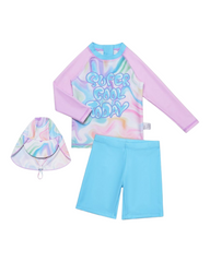 Girls' Patterned Three-Piece Swim Outfit Set with Hat