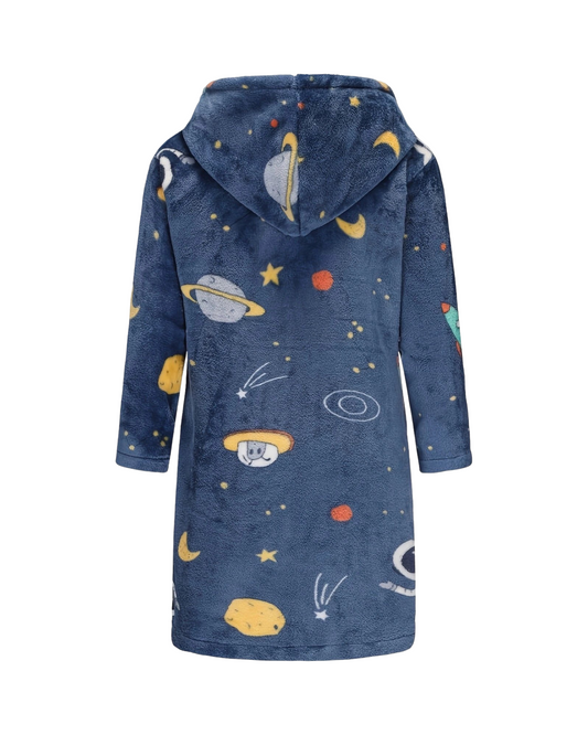 Soft Plush Kids Space Printed Dressing Gown - Fleece Bathrobe with Hood
