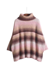 Cozy Striped Turtleneck Sweater - Women's Loose Fit Knit Pullover with Batwing Sleeves