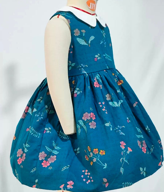 Teal Blue Vintage Floral A-Line Dress – Classic Sleeveless Summer Outfit for Toddlers & Kids