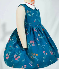 Teal Blue Vintage Floral A-Line Dress – Classic Sleeveless Summer Outfit for Toddlers & Kids