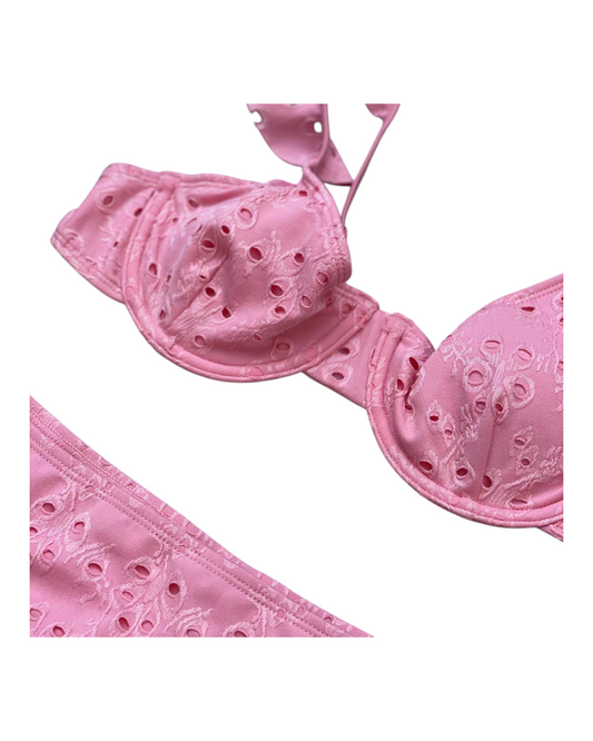 Pink Textured Bikini Bralette and Bottoms Set