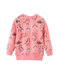 Pink Dinosaur Print Girls Long-Sleeve Cotton Sweatshirt