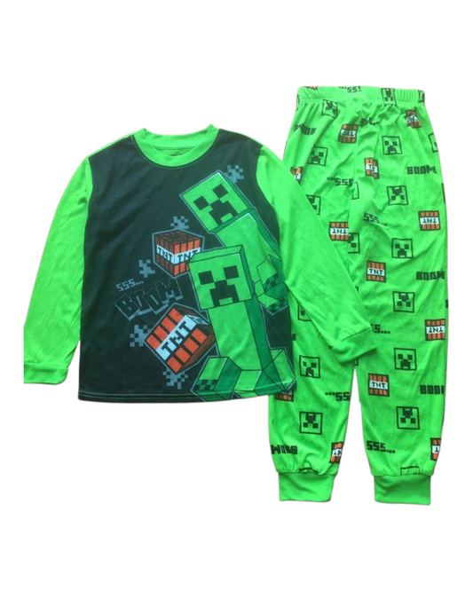 Patterned Minecraft Green Long-Sleeved Pyjama Set