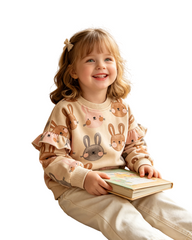 Beige Floral Bunny Printed Sweatshirt Girls Long Sleeve Pullover