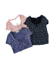 Vintage Square Neck Crop Top - Casual Short Sleeve Summer Blouse