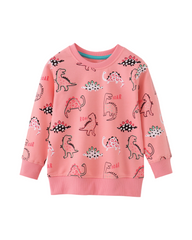 Pink Dinosaur Print Girls Long-Sleeve Cotton Sweatshirt