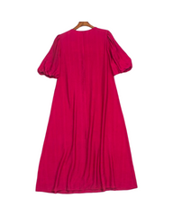 Fuchsia Pink Pleated A-Line Midi Dress with Short Sleeves