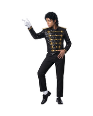 Black Sequined Military Style Performance Costume Jacket with Wig and Glove Set