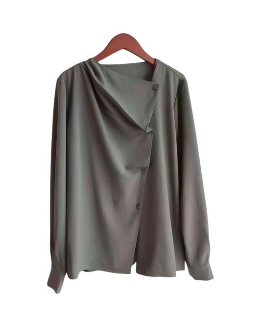 Gray Asymmetrical Draped Wrap Jacket – Cozy Long Sleeve Crossover Coat