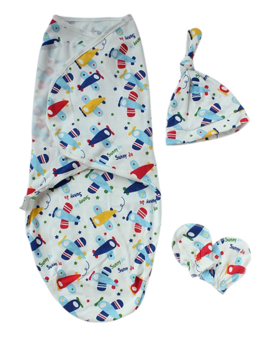 Newborn Baby Patterned Swaddle Outfit Set with Hat and Socks