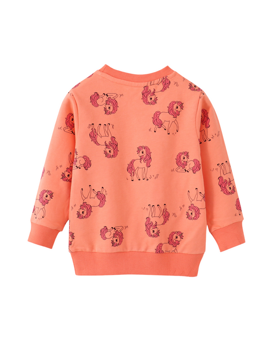Peach Pullover Crewneck Sweatshirt for Girls Designed with All-Over Unicorn Graphics