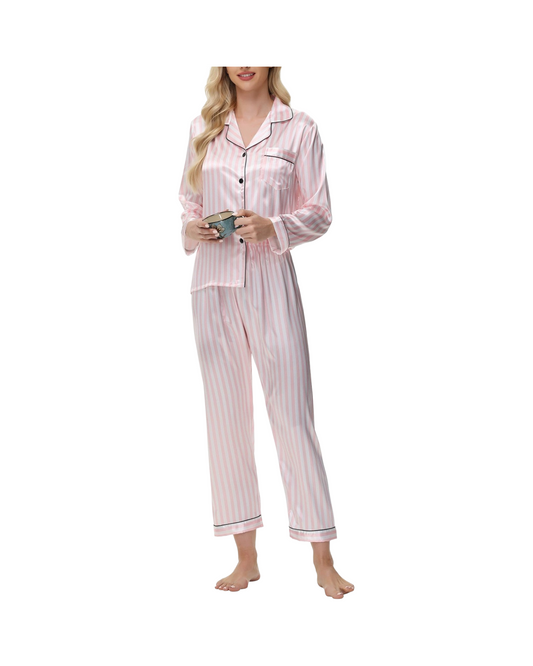 Striped Satin Pajama Set – Soft Long Sleeve V-Neck Button-Down Sleepwear
