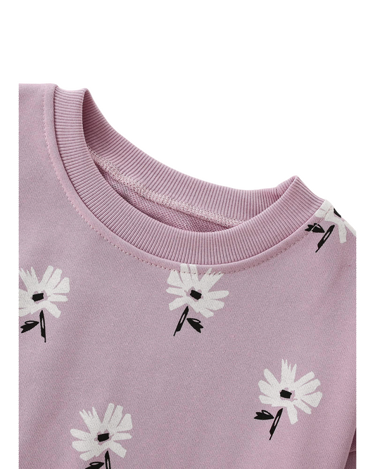 Pink Daisy Floral Long Sleeve Top and Matching Trousers Set for Girls