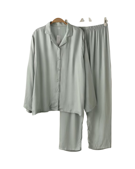 Button-Up Silk Sleepwear Adult Matching Long Top and Pants Pajama Set