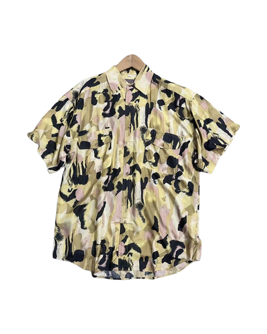 Vintage 100% Silk Short Sleeve Button Down Shirt – Abstract Patterned Summer Cuban Camp Collar Top
