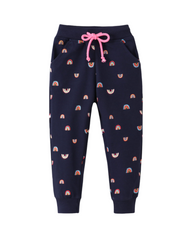 Cotton Blend Floral and Rainbow Print Girls Long Joggers With Pockets