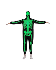 Spooky Green Glow Skeleton Bodysuit & Hood Costume for Adults – Halloween Party & Cosplay