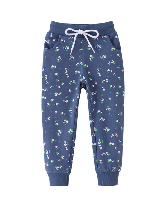 Cotton Blend Floral and Rainbow Print Girls Long Joggers With Pockets