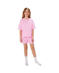 Pink Plaid Two-Piece Set for Girls Short Sleeve Tee and Shorts