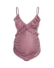Maternity One-Piece Swimsuit Ruffled V-Neck Striped Textured Bathing Suit
