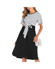 Striped Short-Sleeve Maternity Women's Midi Dress with Tie Detail