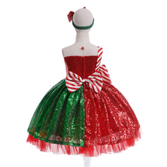 Red and Green Striped Holiday Dress with Matching Headband for Girls