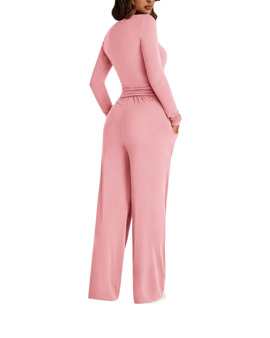 Comfy Ribbed One-Piece Jumpsuit for Women Long Sleeve Round Neck Wide Leg Loungewear