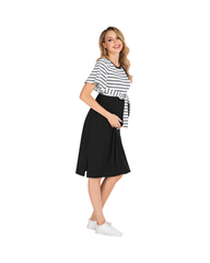 Striped Short-Sleeve Maternity Women's Midi Dress with Tie Detail