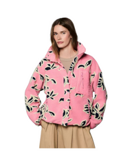 Women's Pink Leaf Print Fleece Jacket