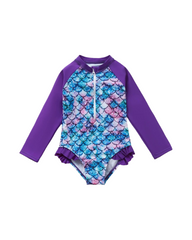 Ruffle Trimmed One-Piece Girls Long Sleeve Sun Protective Rash Guard