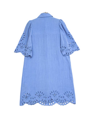 Cotton Eyelet Lace Shirt Dress - Short Sleeve Collared Midi Dress