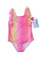 Pink Ombre Ruffle One-Piece Swimsuit for Girls with Shimmer Finish and Flutter Straps