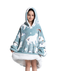 Oversized Kids Wearable Blanket Hoodie with Pocket – Soft Sherpa Fleece Warm Loungewear Poncho