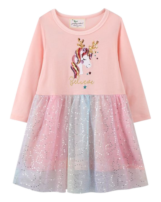 Long-Sleeved Pink Unicorn Dress with Sparkly Tulle Skirt