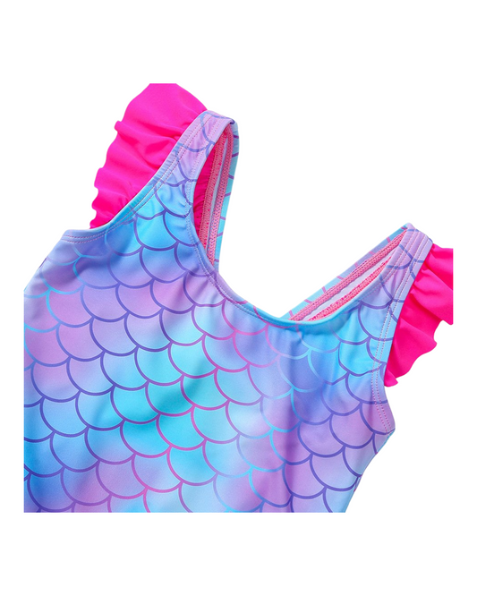 Mermaid Scale Print Girls One-Piece Swimwear with Ruffled Straps