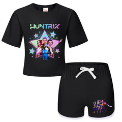 Girls Kpop Music Hunters Tracksuit Top Tee Shorts Sets
