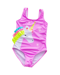 Pink Unicorn Girls One-Piece Swimsuit with Rainbow Ruffles