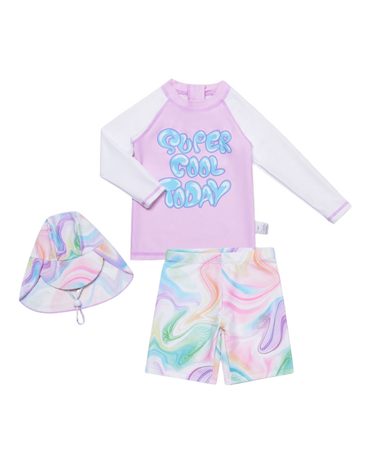Girls' Patterned Three-Piece Swim Outfit Set with Hat