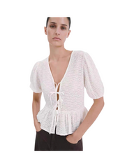 White Tie-Front Eyelet Blouse - Short Sleeve V-Neck Crop Top
