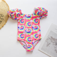 One-Piece Patterned Swimsuit with Puffed Sleeves