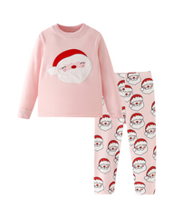 Festive Pink Santa Claus Print Pajama Set for Girls Featuring Long Sleeves and Matching Leggings