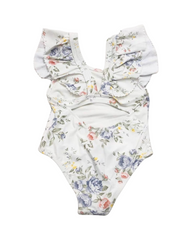 Swimsuit with Ruffled Collar and Flower Pattern