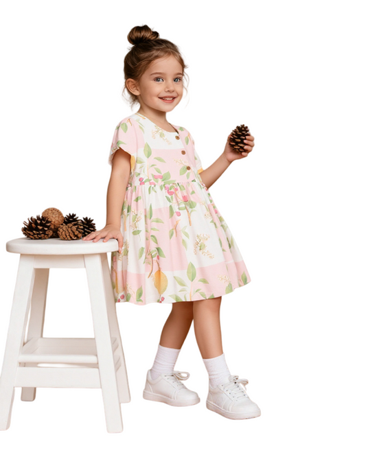 Orange Citrus Fruit Print Short Sleeve Casual Dress for Girls
