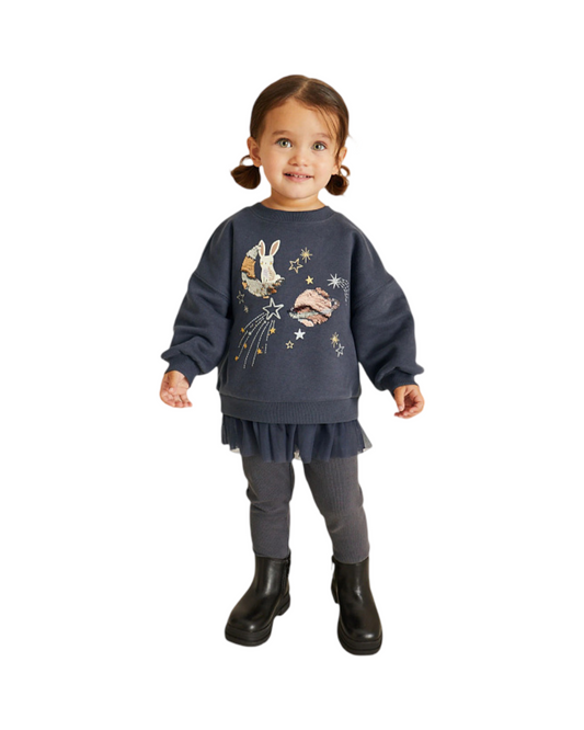 Celestial Planet Print Tutu Dress – Girls Long Sleeve Crewneck