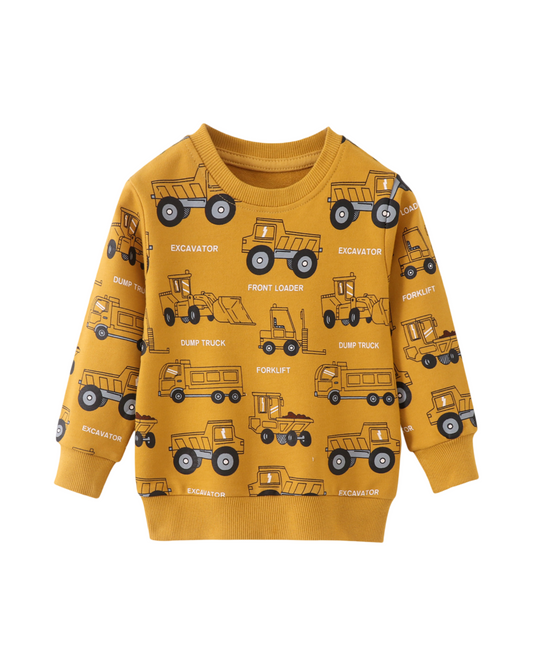 Mustard Yellow Cotton Boys Construction Trucks Print Long-Sleeve Crew Neck Sweatshirt