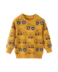 Mustard Yellow Cotton Boys Construction Trucks Print Long-Sleeve Crew Neck Sweatshirt