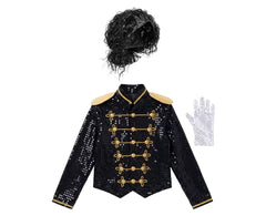 Black Sequined Military Style Performance Costume Jacket with Wig and Glove Set