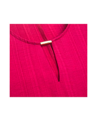 Fuchsia Pink Pleated A-Line Midi Dress with Short Sleeves